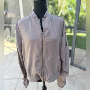 Grace & Lace Taupe Grey Baseball Style Lightweight Bomber Jacket
